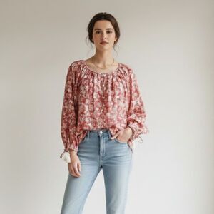 SUNCOO PARIS | 100% Cotton Floral Peasant Blouse | Size T1 (Small)